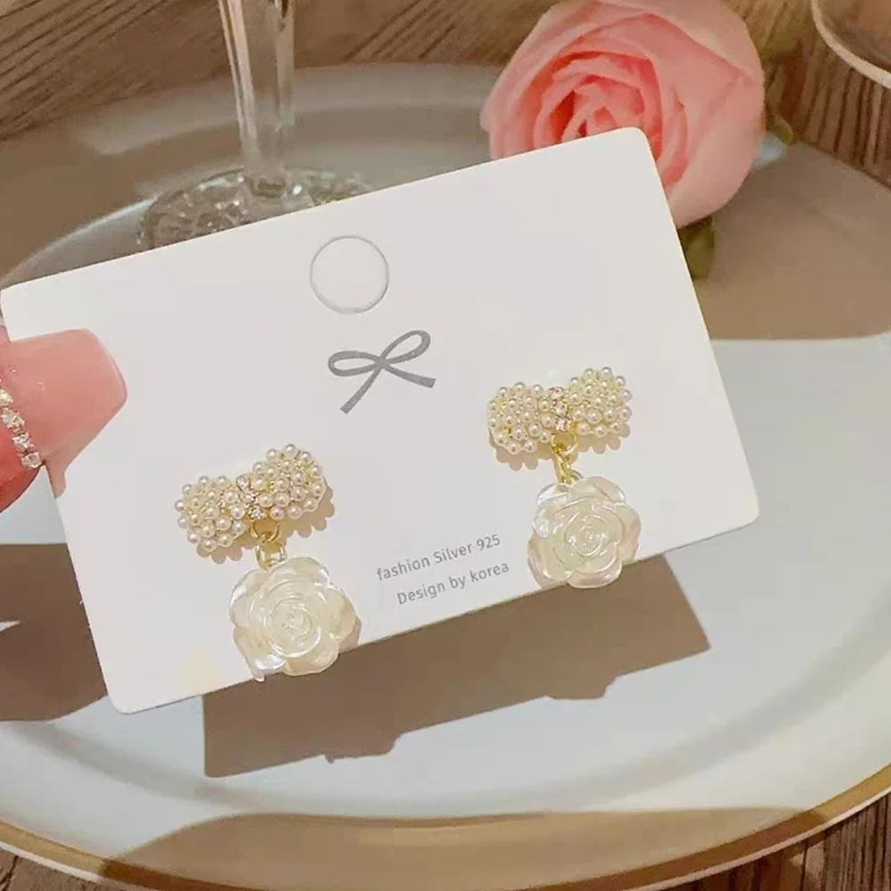 Faux Pearl Cluster Stud & Carved Rose Drop Earrings Romantic Floral